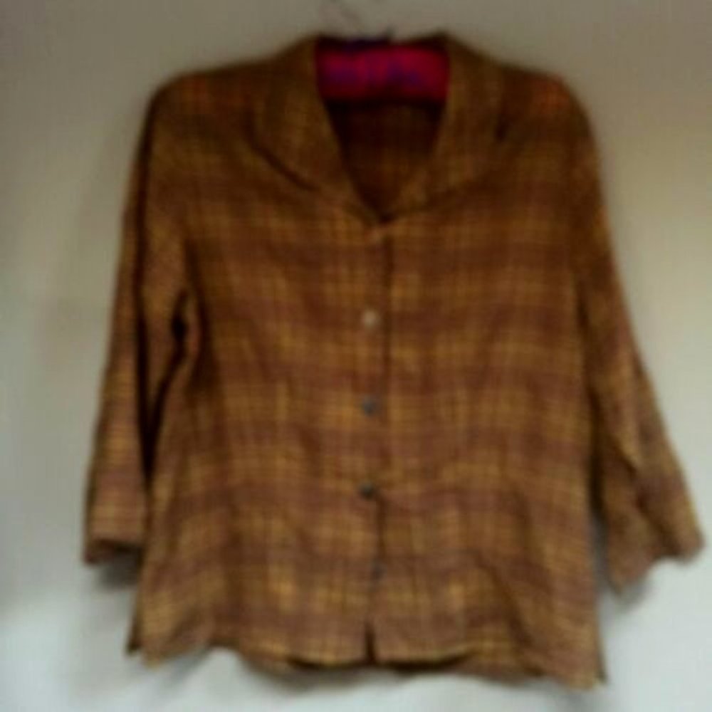 Cut Loose Womens Button Down 3/4 Sleeve Plaid Shirt Top Blouse Brown Gold Medium